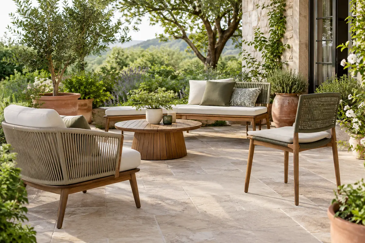 Assises de jardin variées disposées autour d’une terrasse végétalisée
