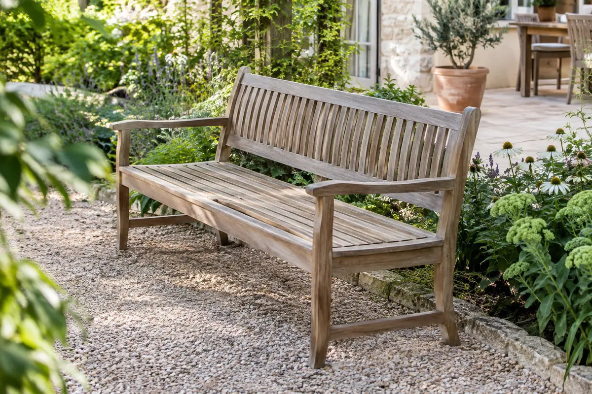 Banc de jardin avec dossier installé au bord d’une allée végétalisée