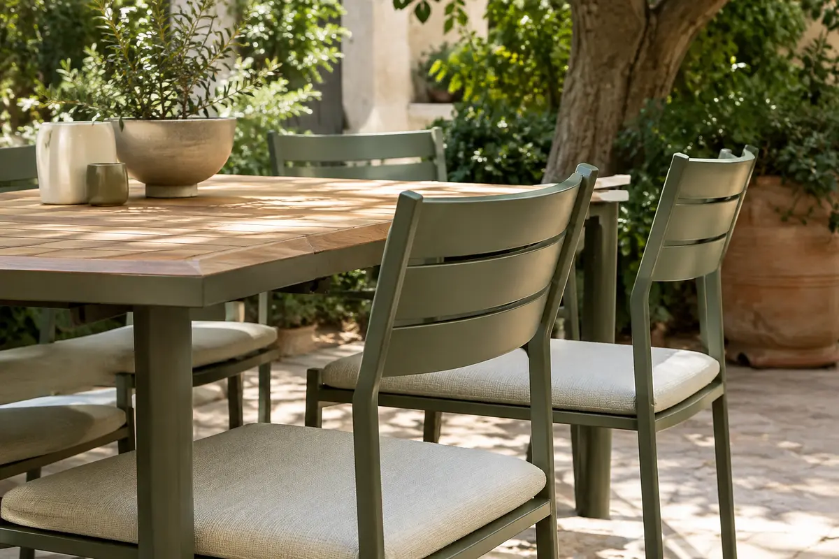 Chaises de jardin placées autour d’une table sur une terrasse