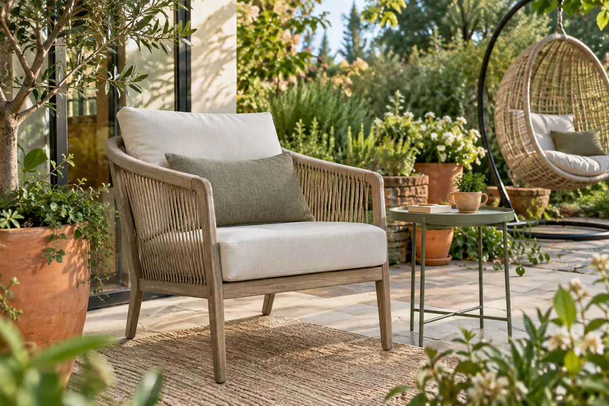 Fauteuil de jardin à accoudoirs installé dans un coin de terrasse