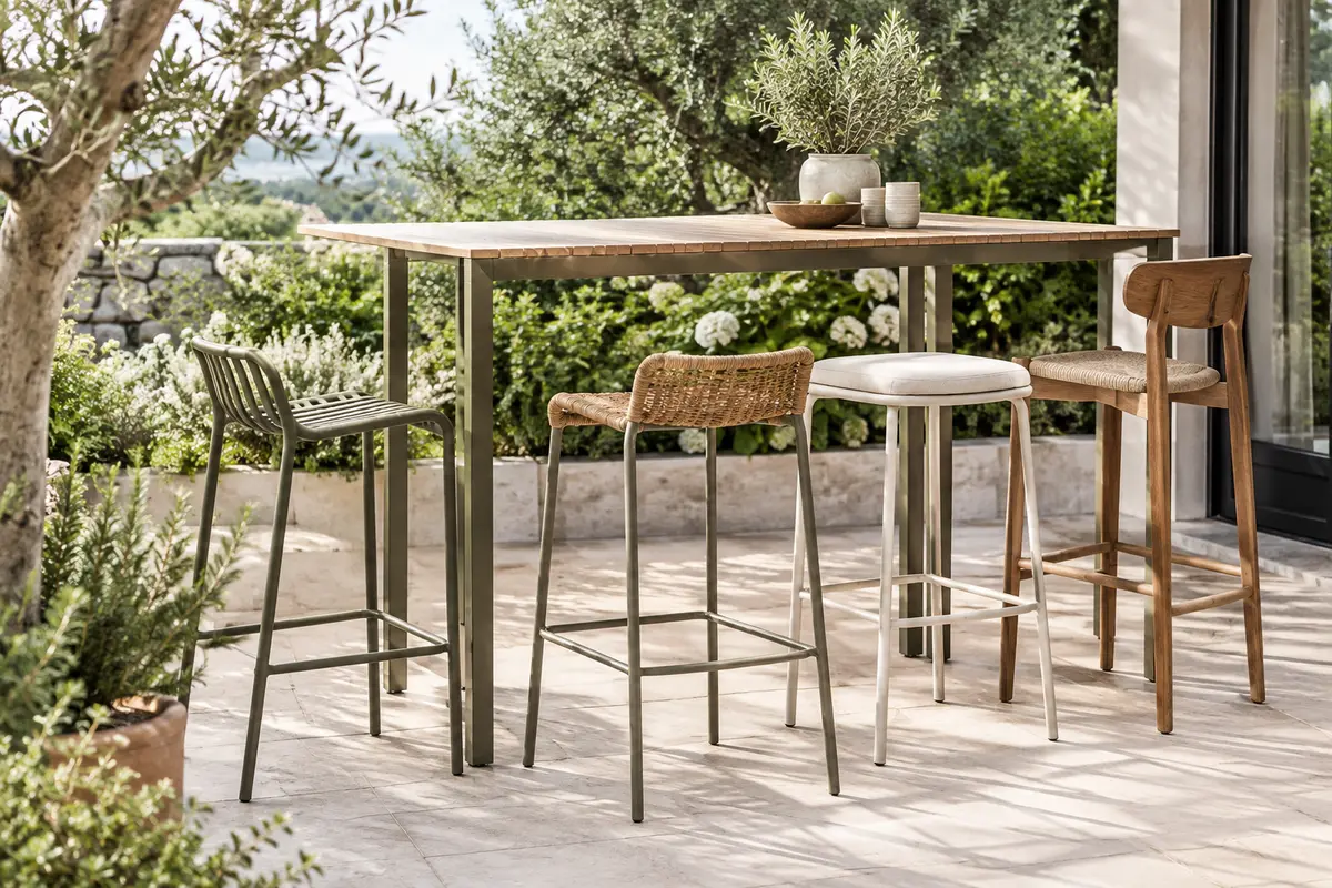 Tabourets de jardin près d’une table haute sur une terrasse claire