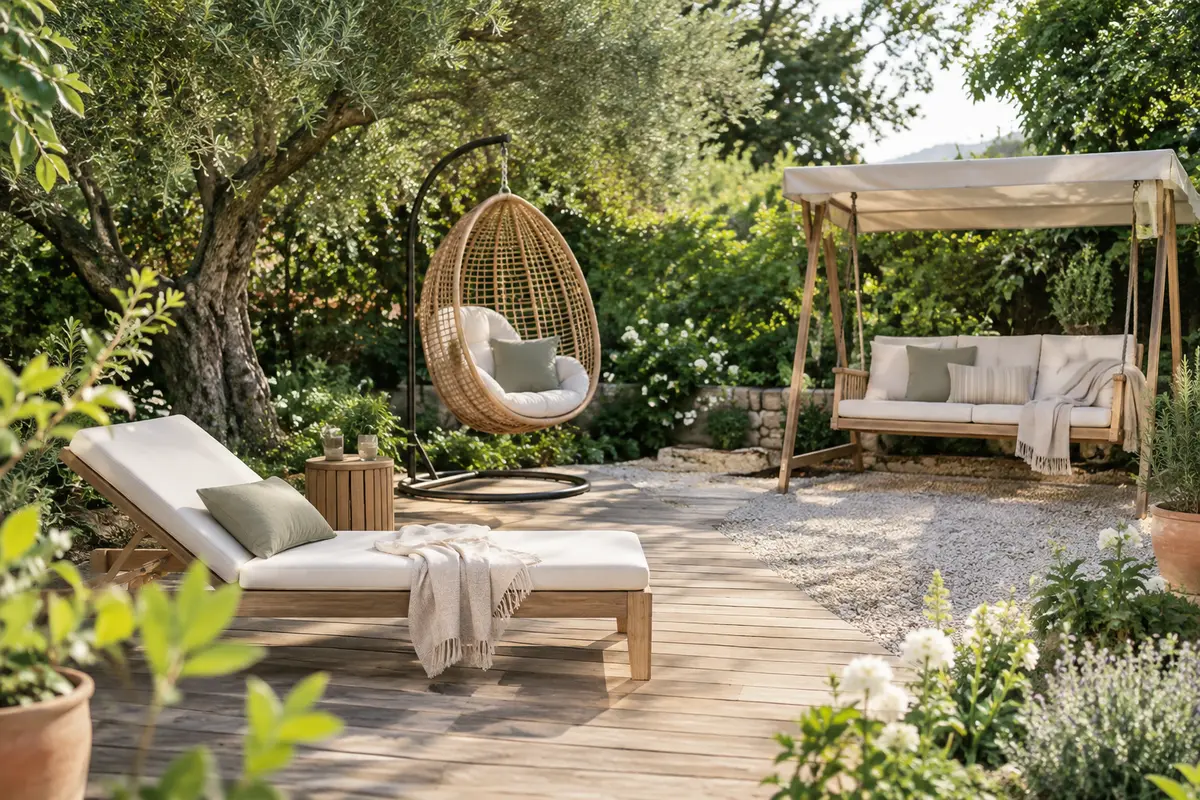 Mobilier de détente installé dans un jardin verdoyant et lumineux