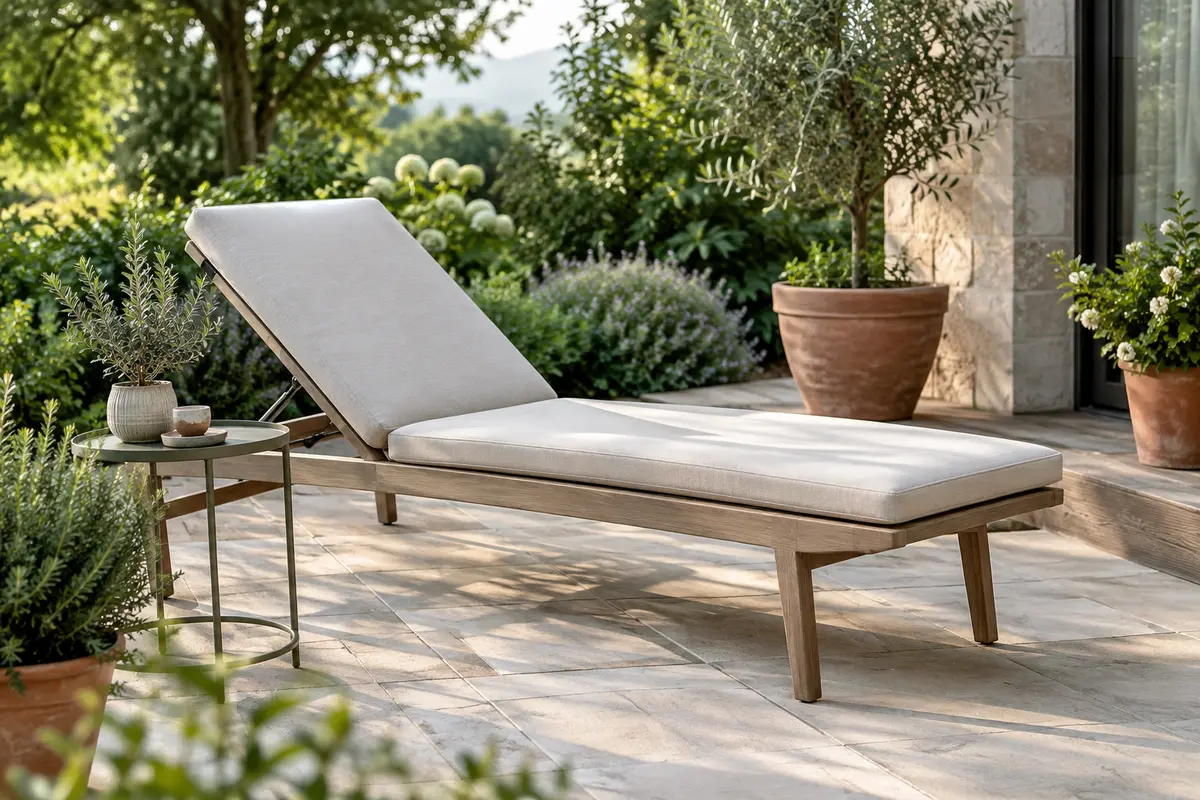 Bain de soleil réglable installé près d’une terrasse végétalisée