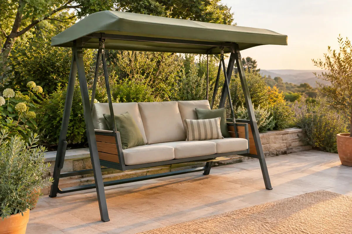 Balancelle de jardin avec structure autoportante sur une terrasse