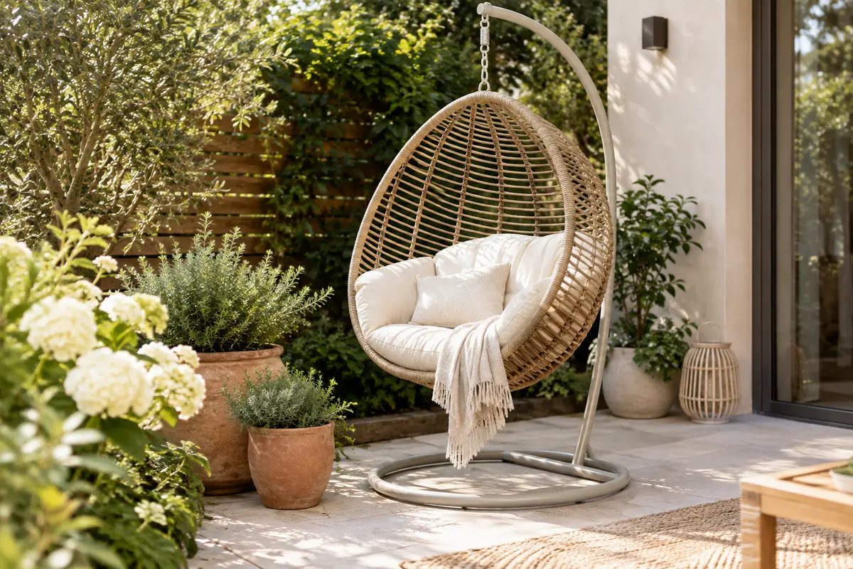Fauteuil suspendu sur pied installé dans un coin de terrasse planté