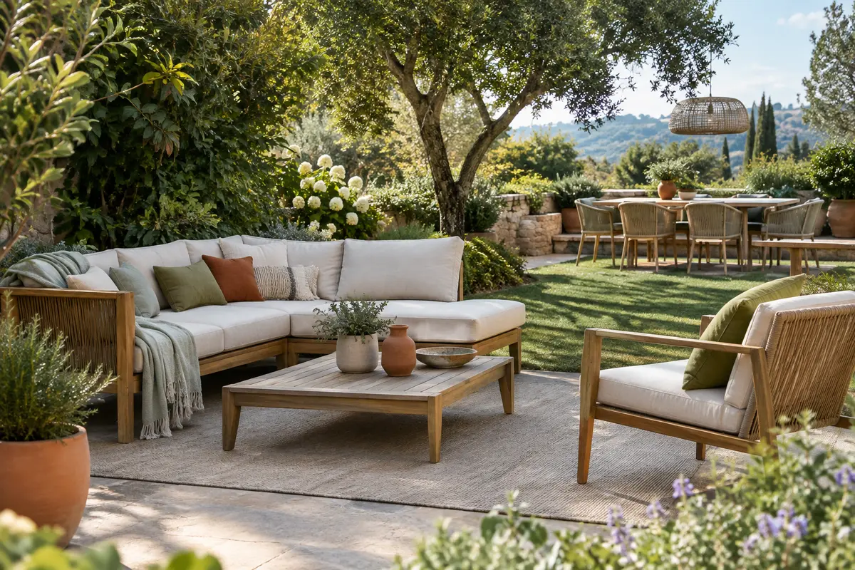 Ensembles coordonnés de mobilier installés dans un jardin aménagé