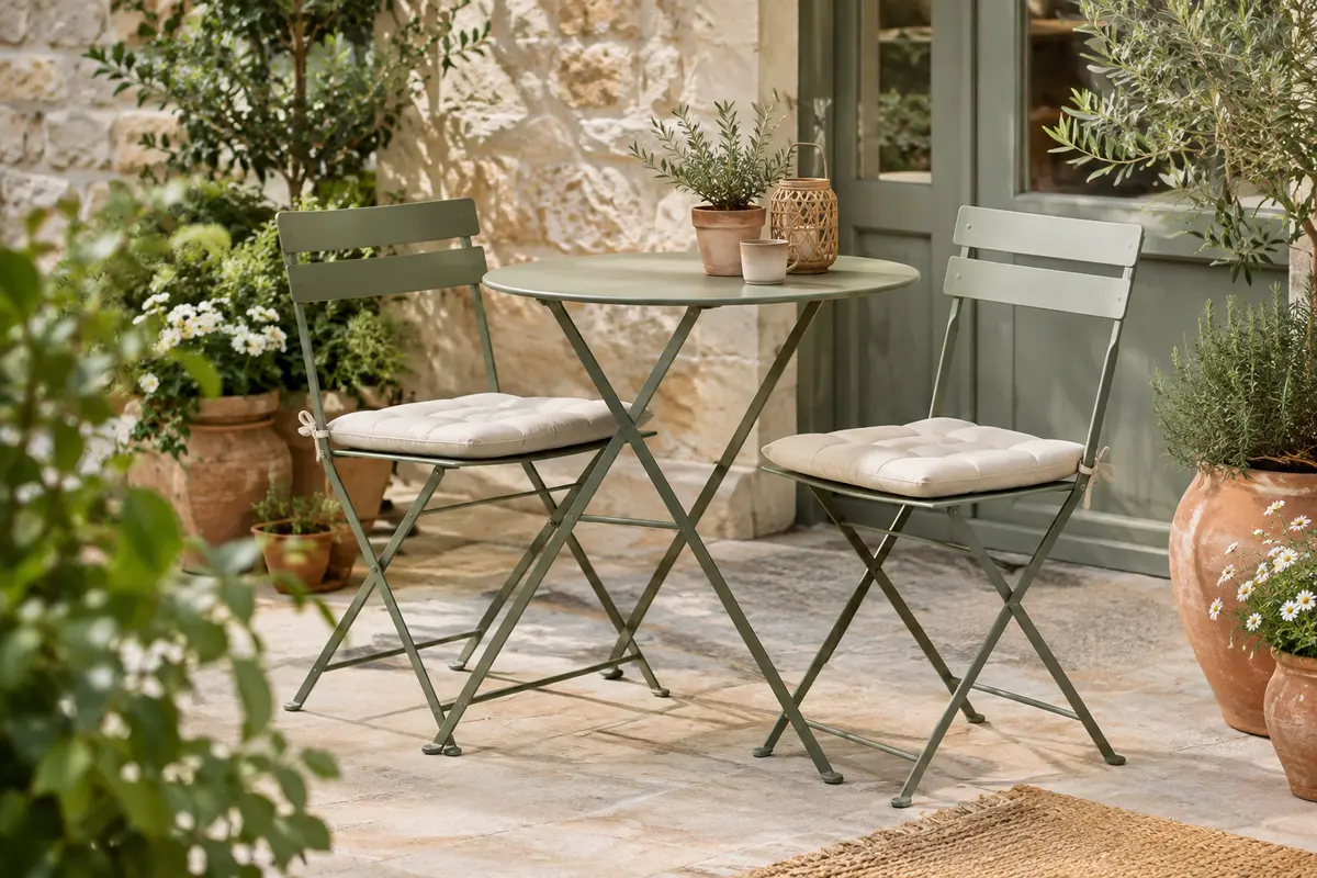 Ensemble bistrot avec petite table ronde et deux chaises de jardin