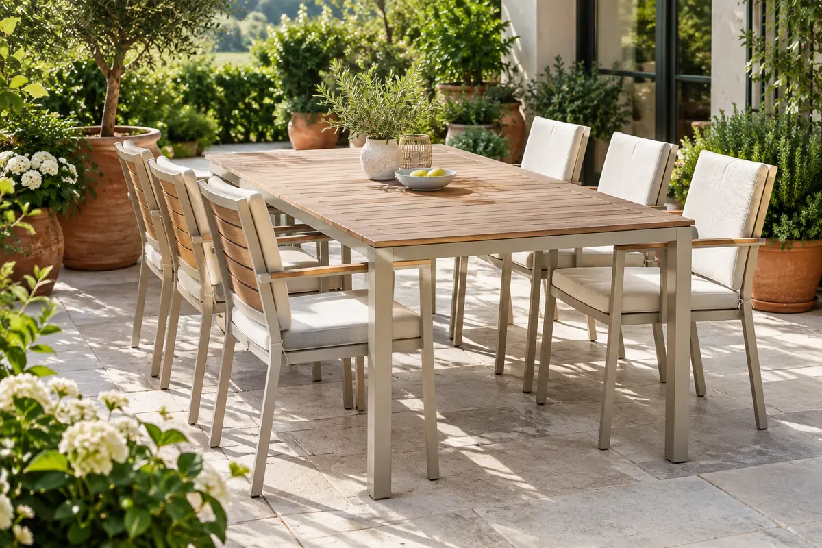 Ensemble repas de jardin avec table et chaises assorties sur une terrasse