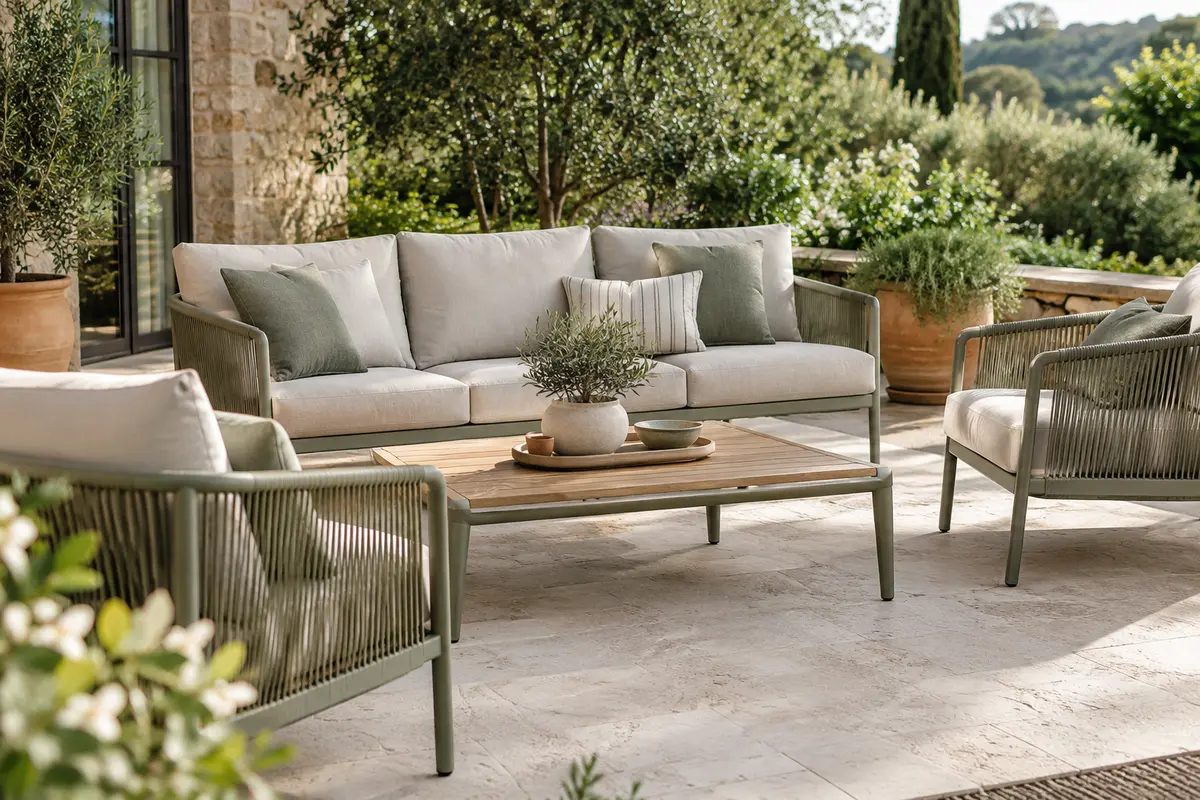 Salon bas de jardin avec canapé, fauteuils et table basse extérieure