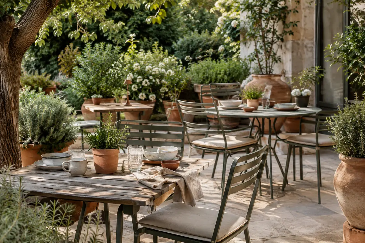 Tables de jardin aménagées sur une terrasse entourée de plantes