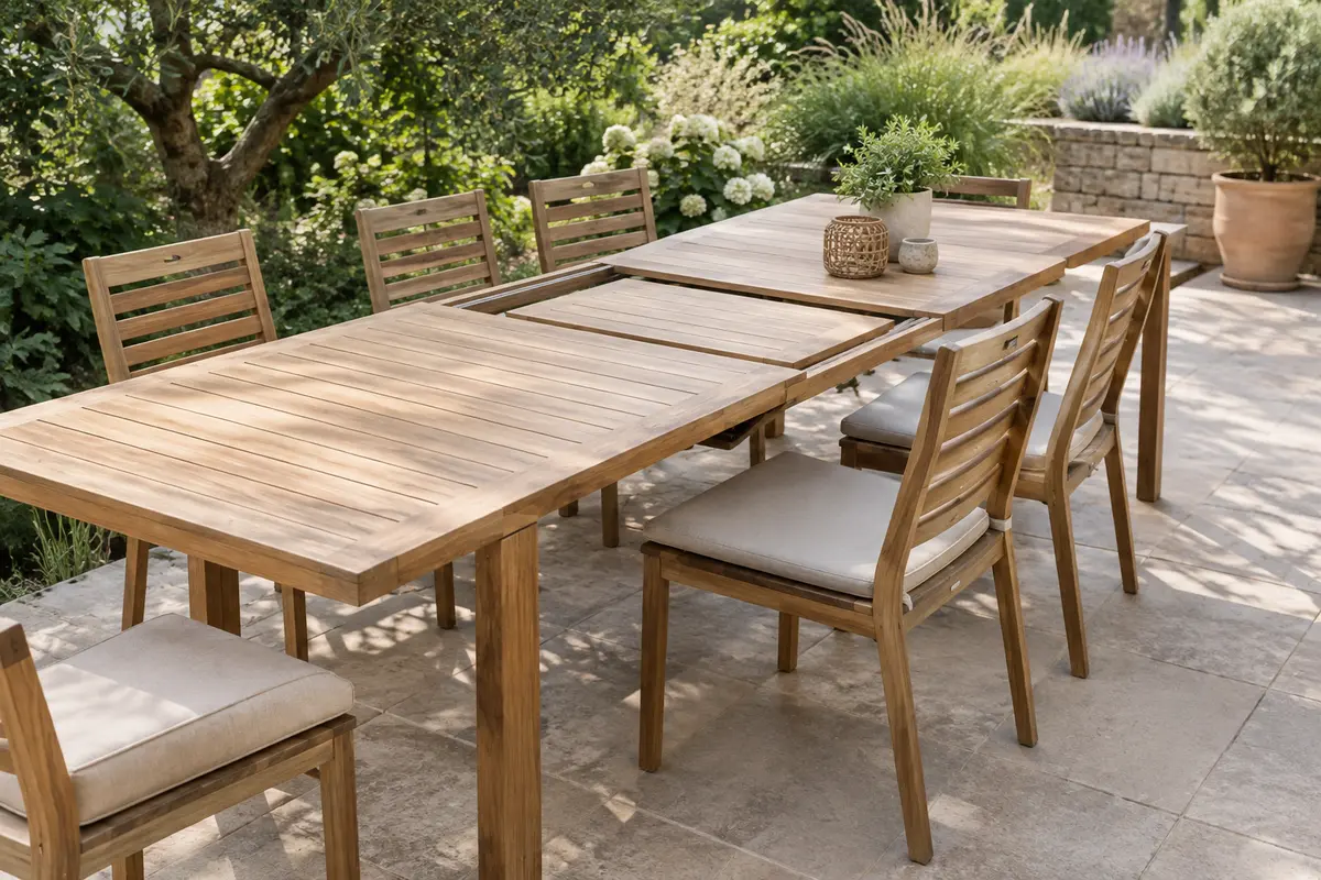 Table extensible en bois installée sur une terrasse de jardin