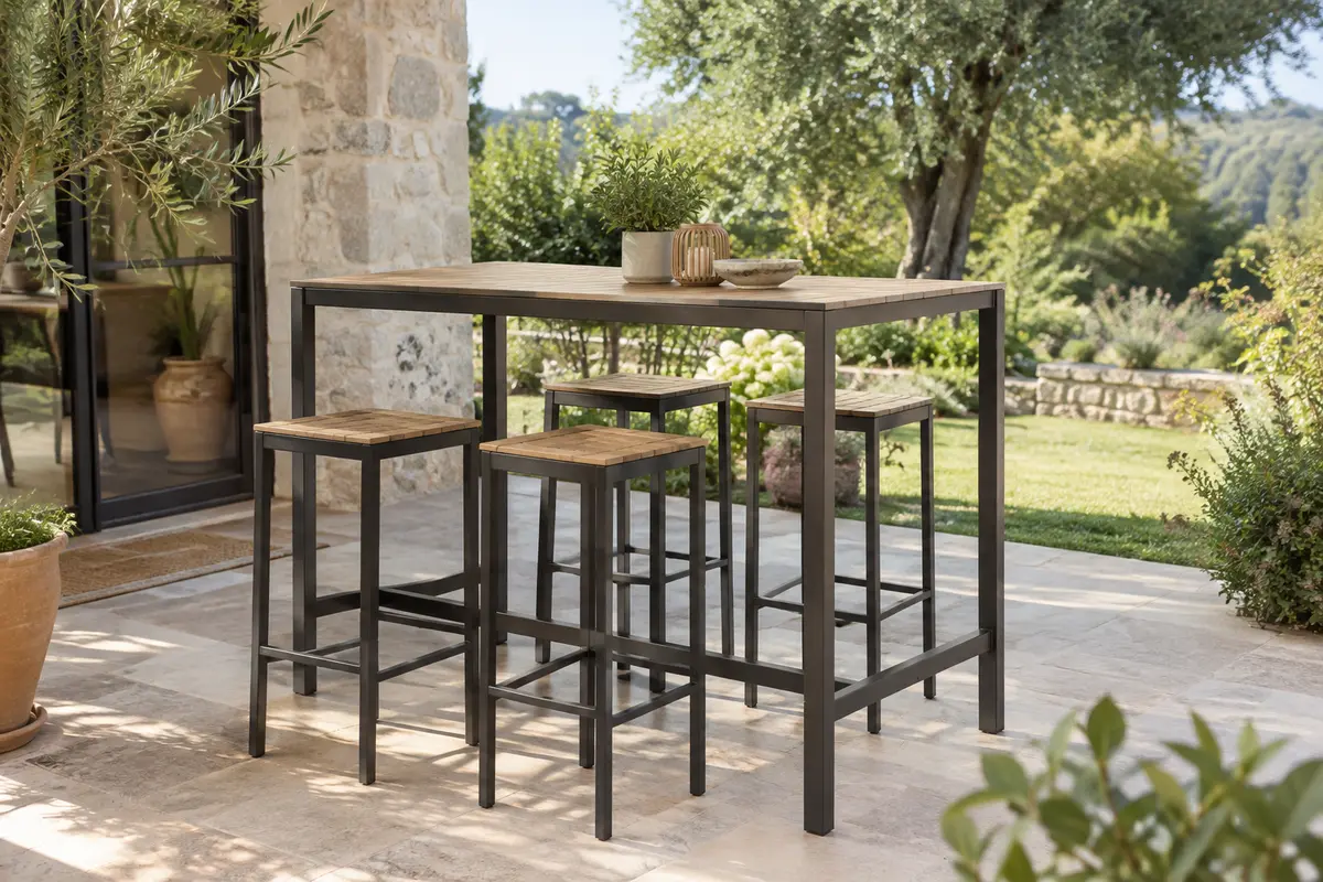 Table haute de jardin et tabourets installés sur une terrasse