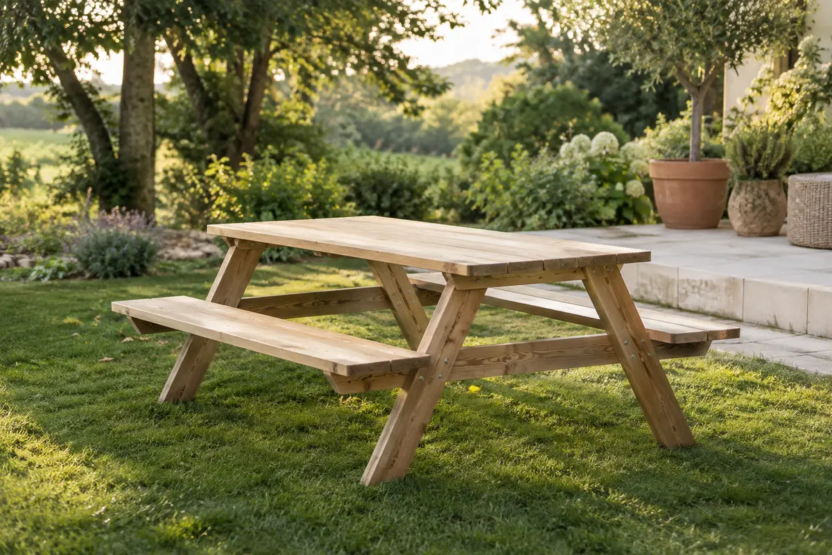 Table de pique-nique en bois avec bancs intégrés dans un jardin