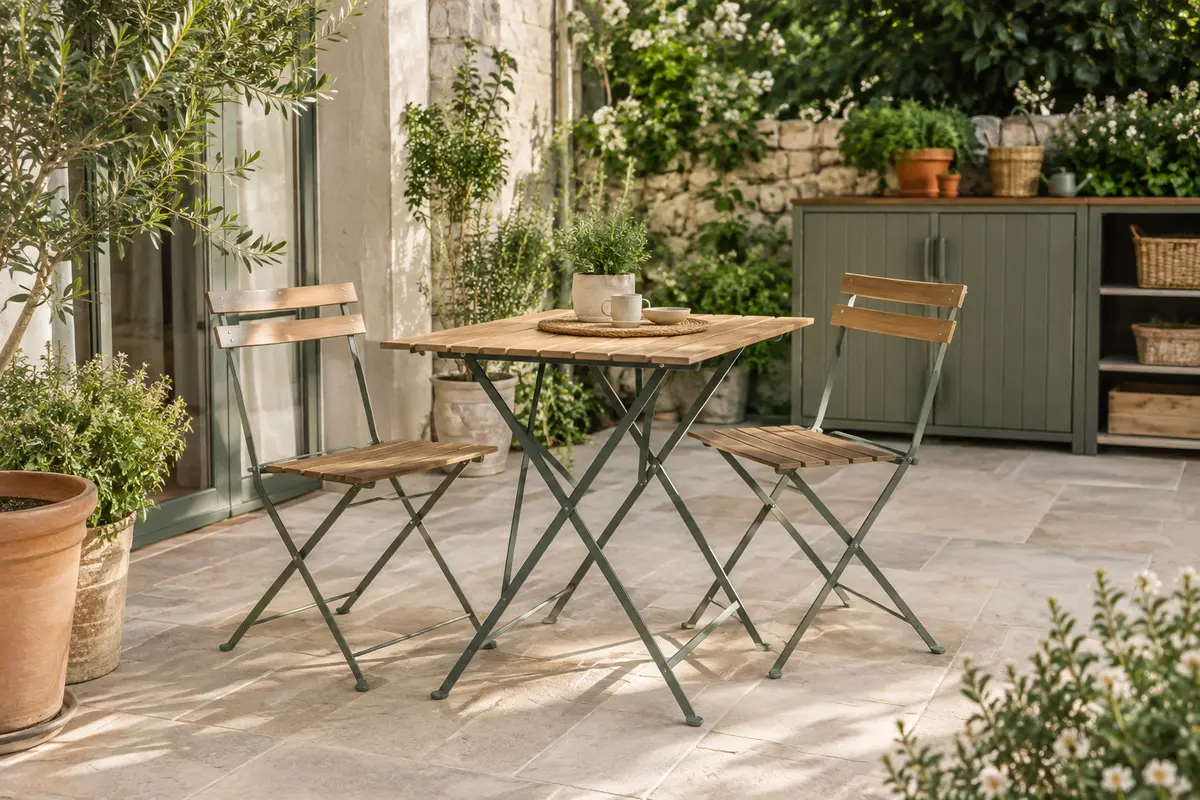 Table pliante de jardin ouverte sur une terrasse compacte