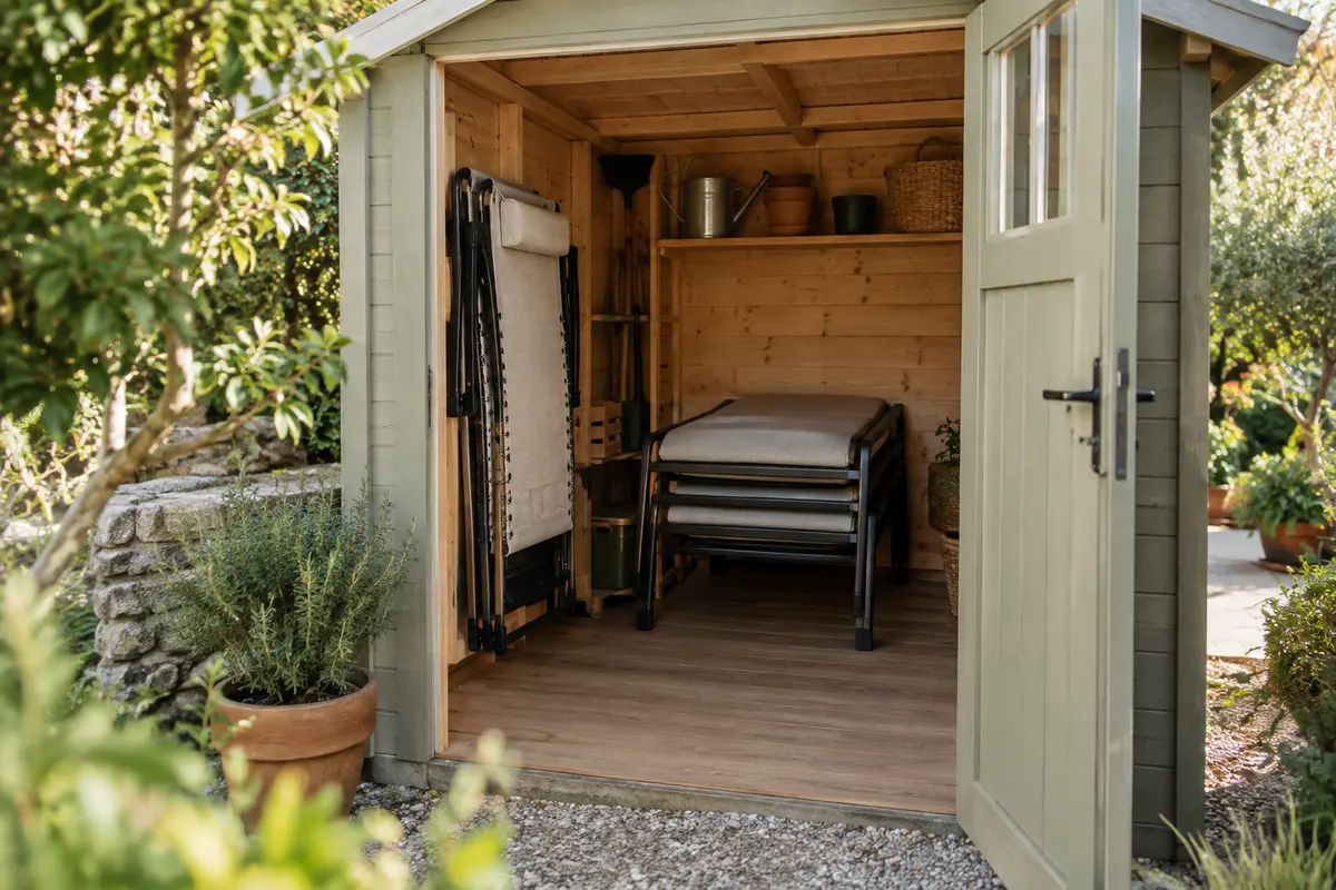 Bains de soleil pliés et empilés dans un abri de jardin organisé avant l’hiver