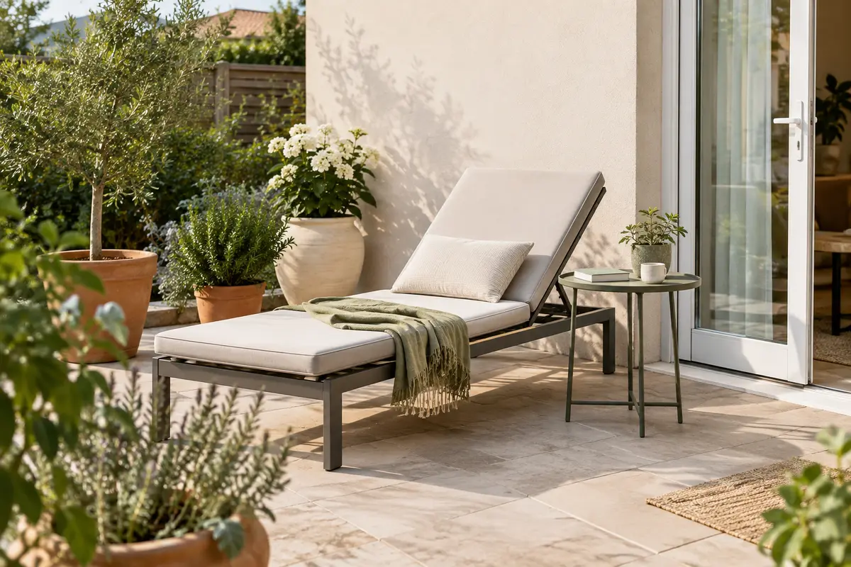 Bain de soleil réglable installé sur une petite terrasse avec un passage dégagé autour du meuble.