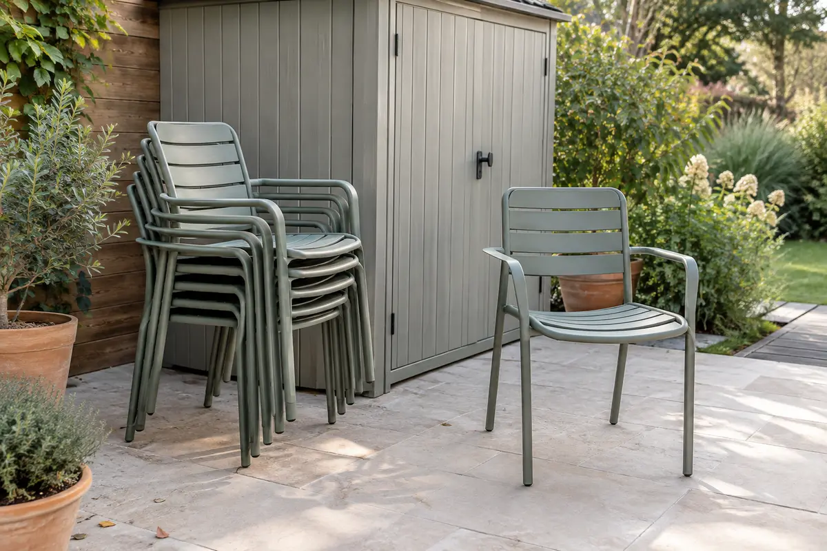 Chaises de jardin empilables alignées sur une terrasse, avec une chaise séparée près d’un abri