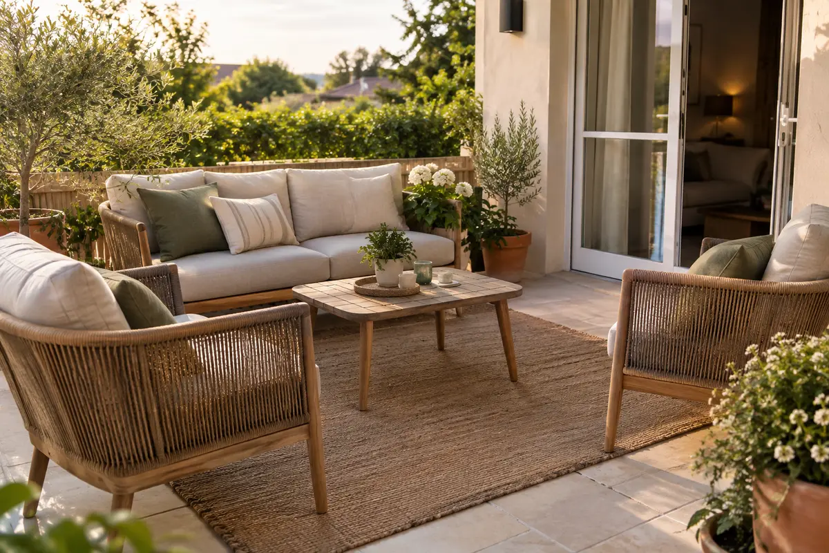 Salon bas de jardin compact avec fauteuils, canapé et table basse sur une terrasse dégagée