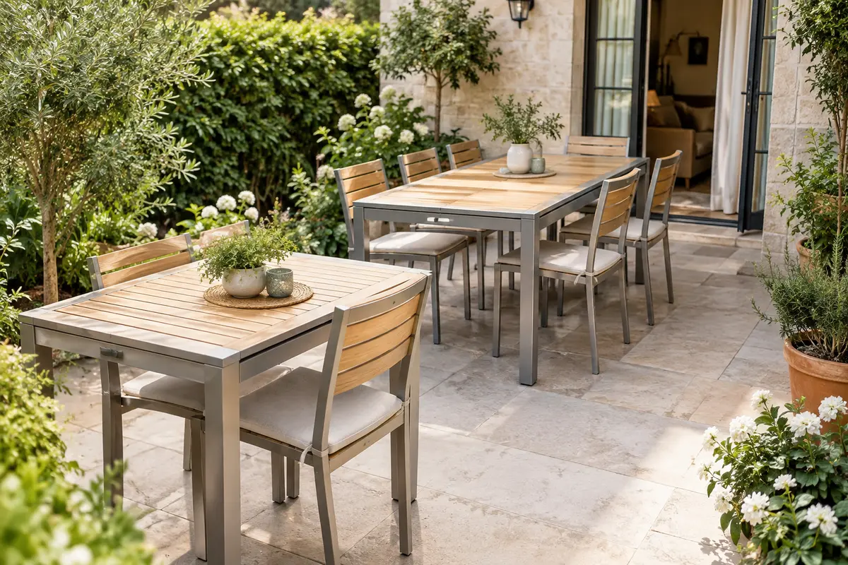 Table de jardin extensible entourée de chaises sur une terrasse avec un passage dégagé vers la maison