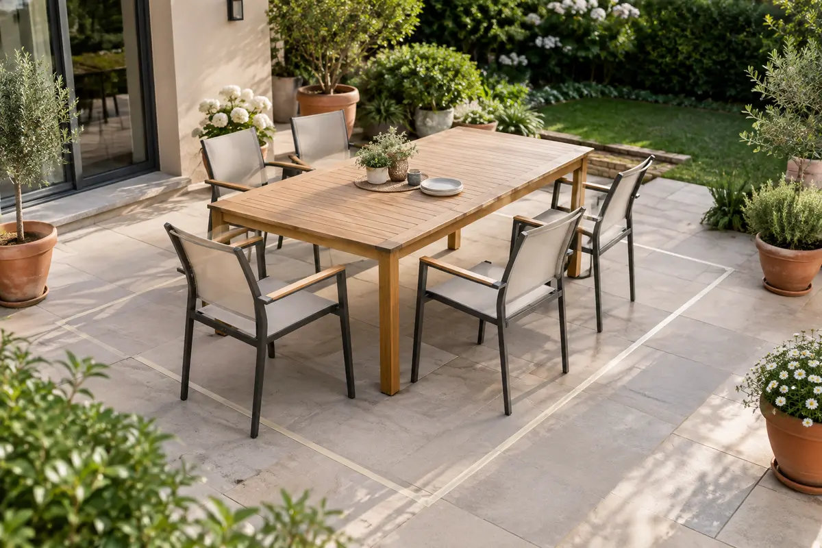 Table de jardin entourée de chaises, avec un passage libre matérialisé sur la terrasse