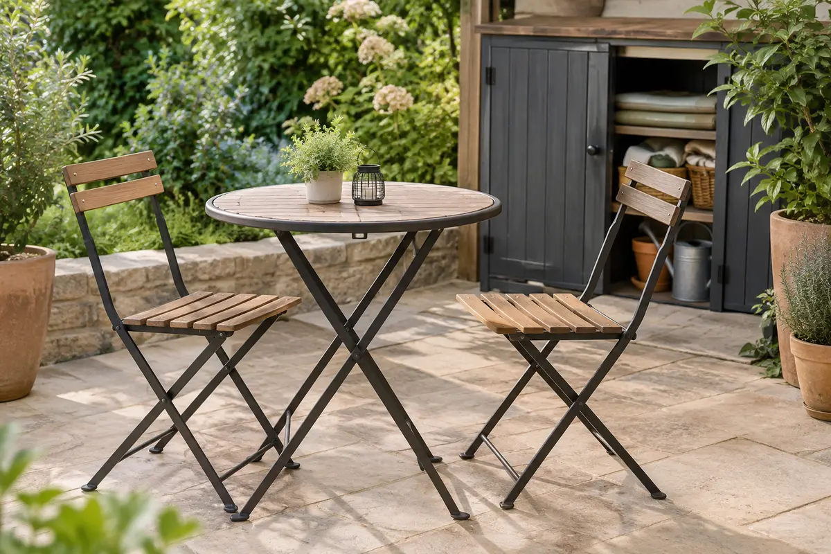 Ensemble bistrot en métal et bois sur une terrasse, près d’un espace de rangement couvert