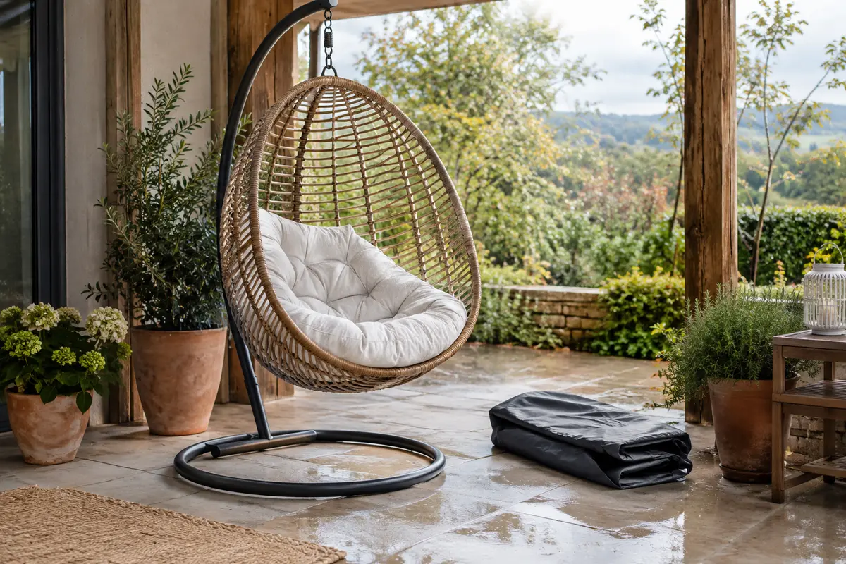 Fauteuil suspendu de jardin qui sèche à l’air libre sur une terrasse après la pluie