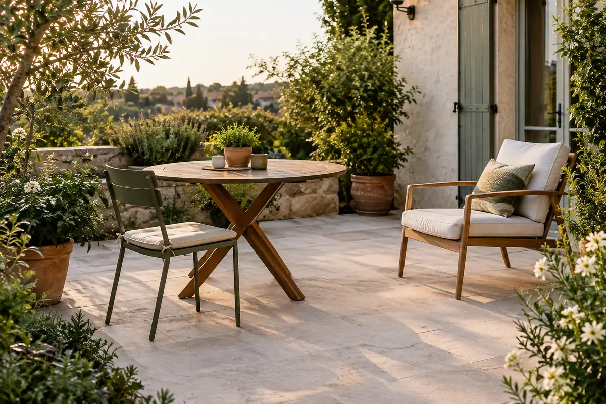 Chaise de repas et fauteuil de jardin disposés autour d’une table avec un passage dégagé.