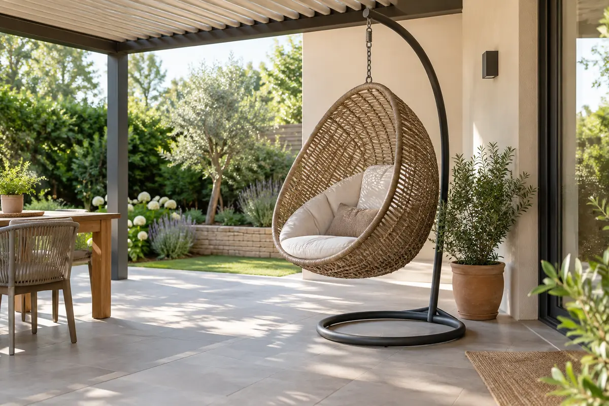 Fauteuil suspendu sur une terrasse, avec son support et un espace dégagé autour