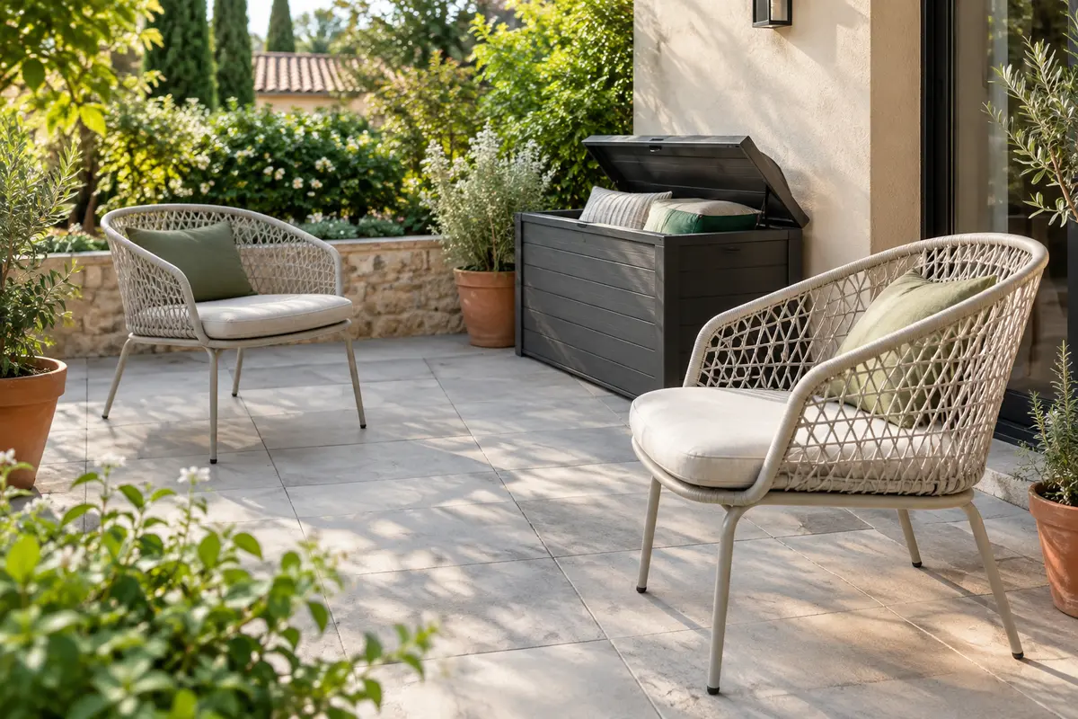Fauteuils de jardin ajourés sur une terrasse, avec coussins rangés dans un coffre à proximité