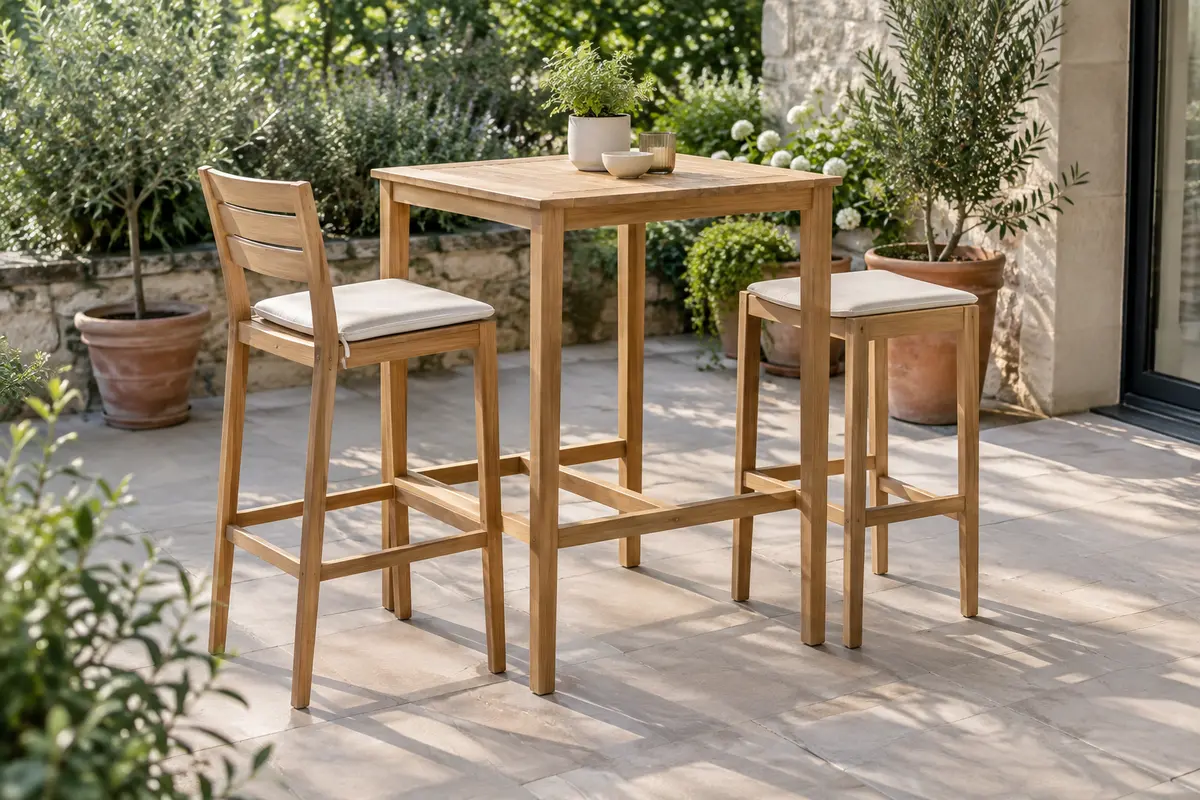 Table haute de jardin en bois clair avec deux tabourets assortis sur une terrasse dégagée.