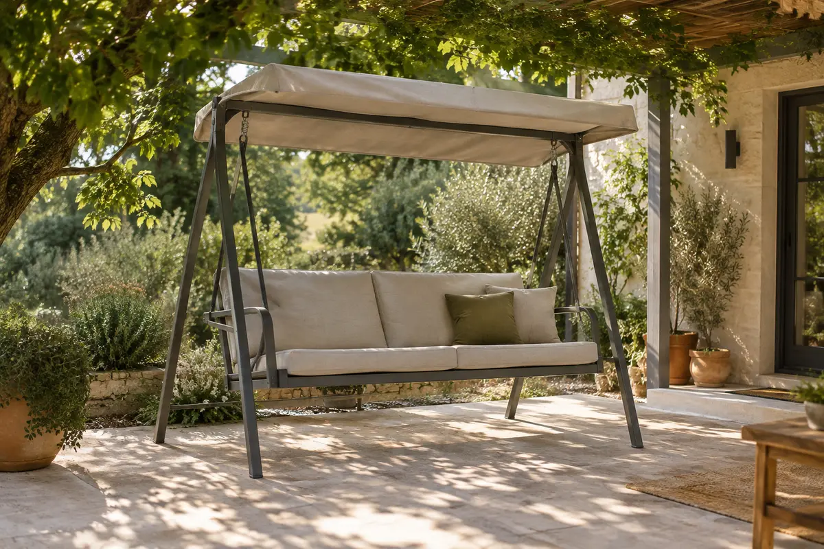 Balancelle de jardin vide à l’ombre sur une terrasse plane, avec un passage libre autour