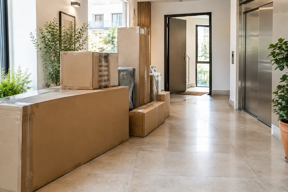 Colis d’un ensemble de jardin préparés dans un hall d’immeuble près d’un ascenseur