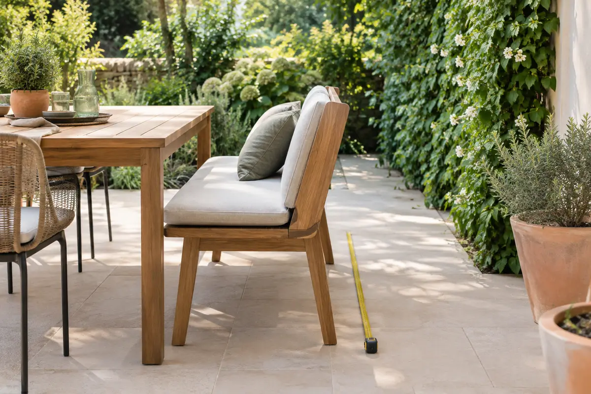 Banc de jardin près d’une table avec un ruban de mesure posé dans le passage derrière l’assise.