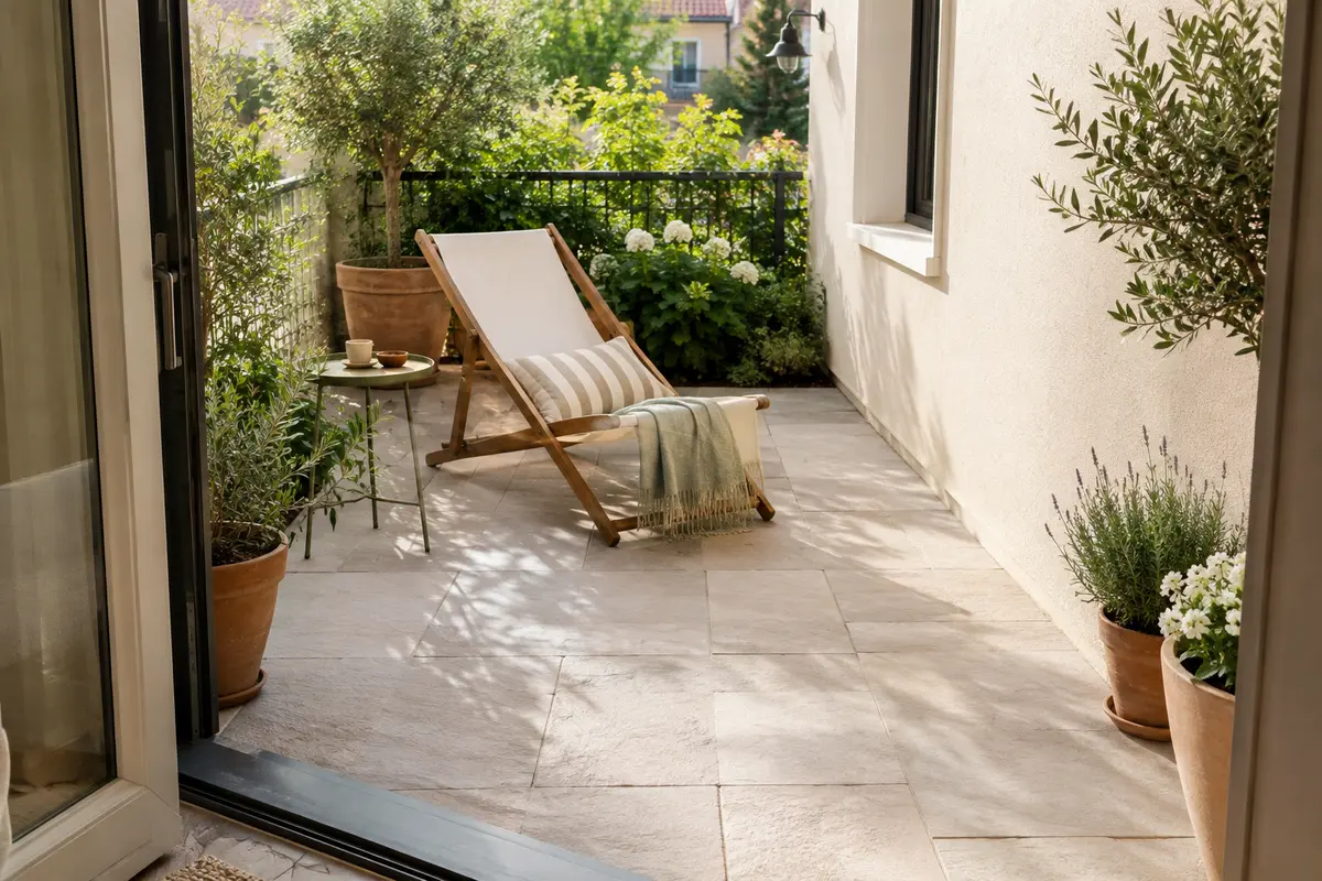 Petite terrasse avec bain de soleil pliant, porte vitrée dégagée et passage libre le long du mur