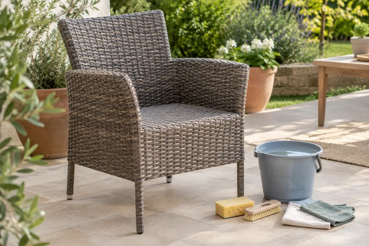 Chaise de jardin en résine tressée et matériel doux pour son nettoyage et son séchage