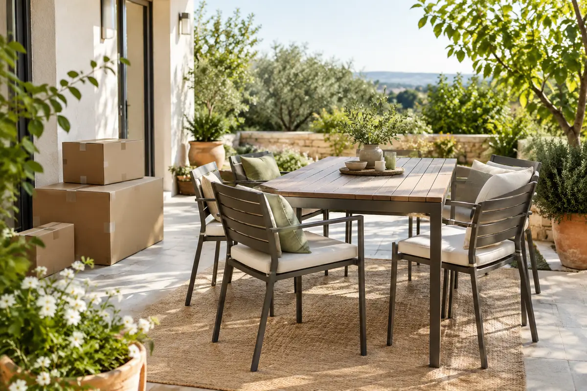 Ensemble repas de jardin avec coussins et colis de livraison sur une terrasse