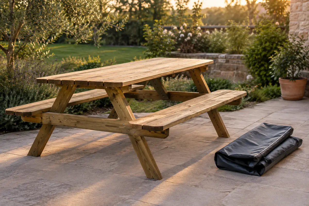 Table de pique-nique en bois dans un jardin, avec sa housse de protection posée à proximité.