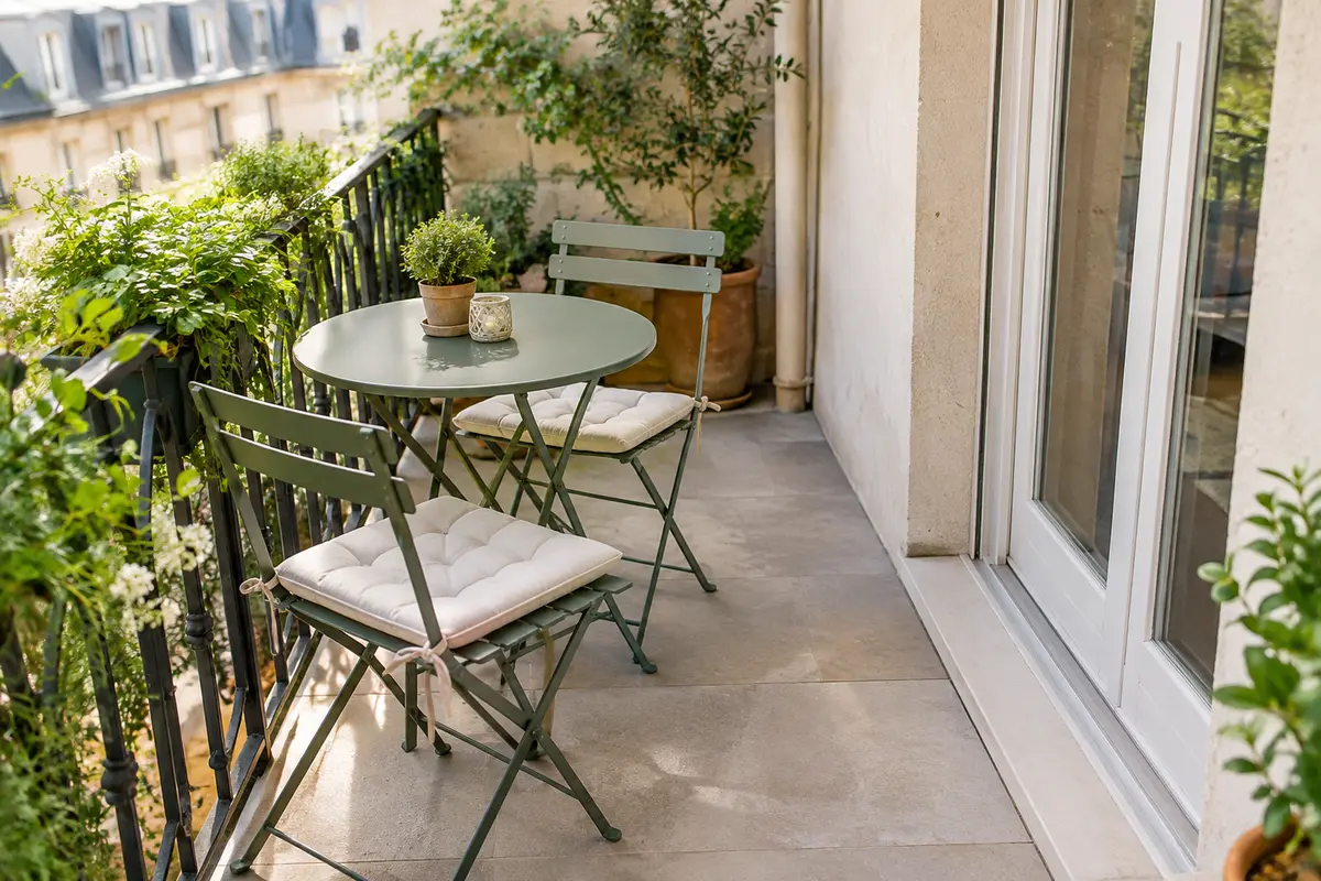Table bistrot ronde et deux chaises compactes sur une petite terrasse, avec un passage dégagé vers la porte-fenêtre.
