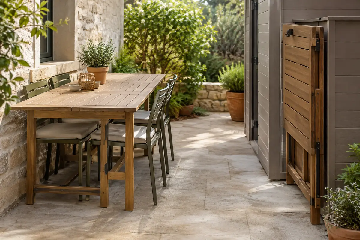 Table extensible installée et table pliante rangée sur une petite terrasse dégagée