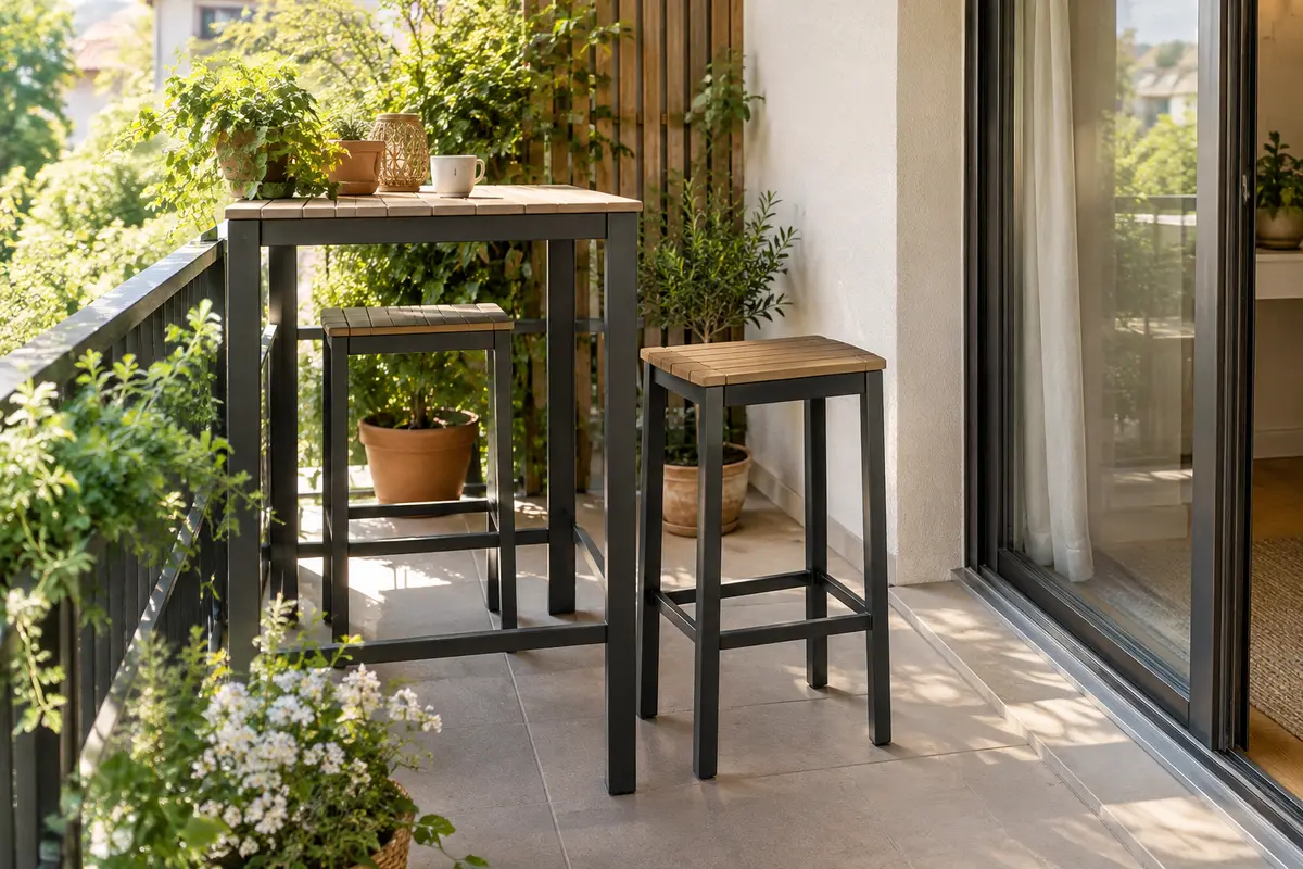 Table haute de balcon avec deux tabourets, dont un glissé sous le plateau pour dégager le passage.