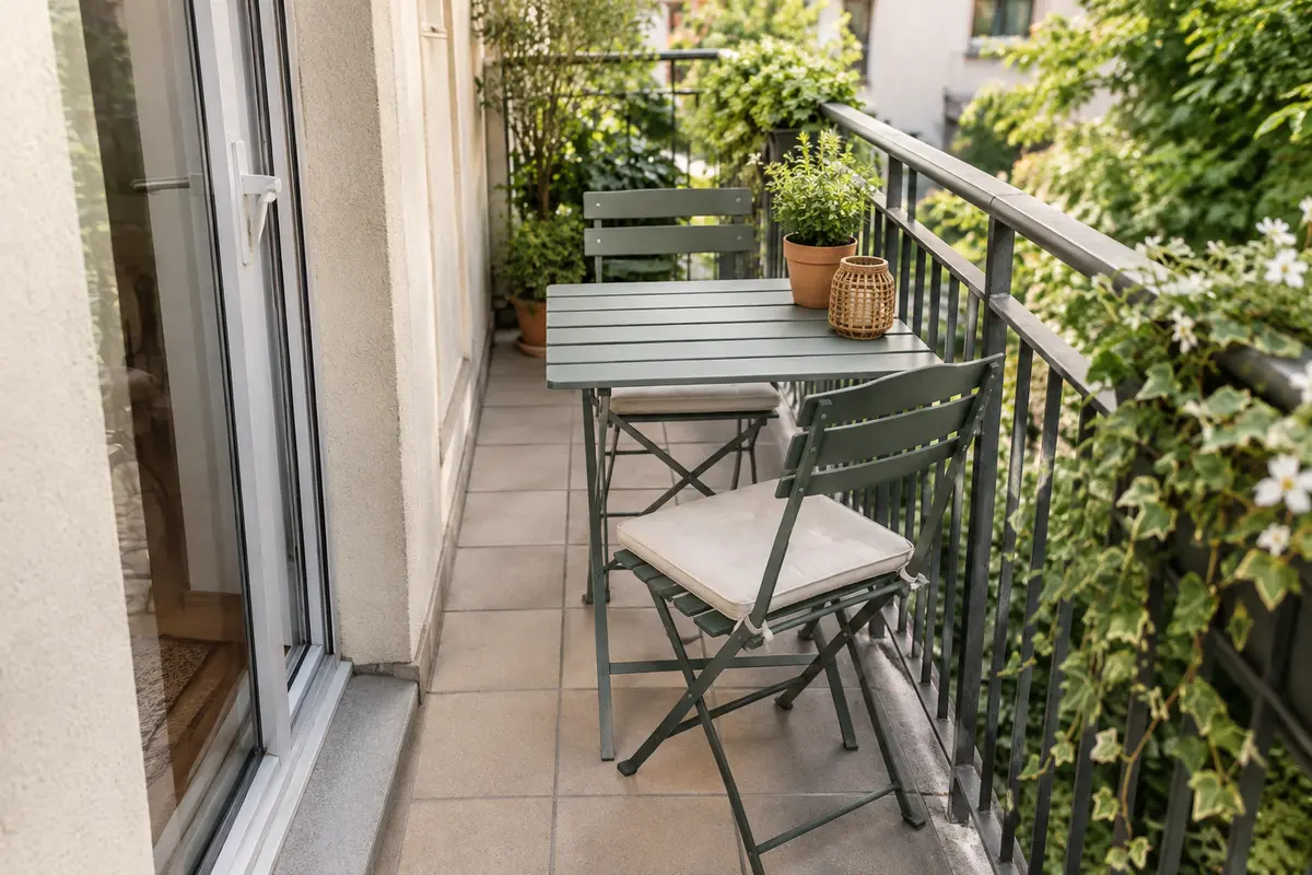 Petite table de jardin pliante et deux chaises sur un balcon étroit avec un passage dégagé