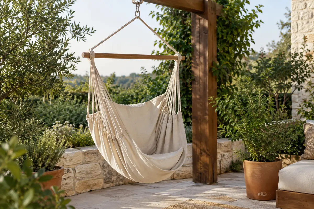 Fauteuil suspendu en coton beige avec barre en bois, installé dans un jardin végétalisé