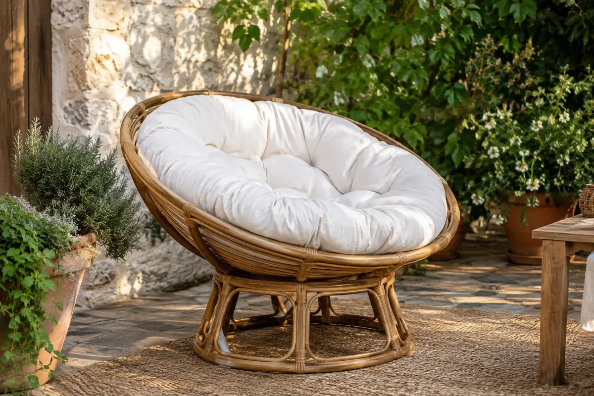 Fauteuil papasan Seram en rotin avec coussin blanc, installé sur une terrasse végétalisée