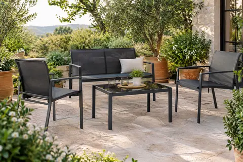 Salon de jardin noir avec banquette deux places, deux fauteuils en textilène et table en verre trempé