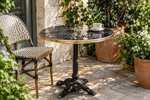 Table bistrot ronde en marbre poli et fonte ouvragée installée sur une terrasse végétalisée