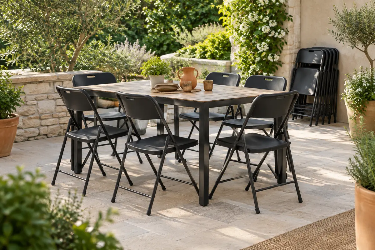 Lot de six chaises pliantes en métal et polypropylène installé sur une terrasse végétalisée