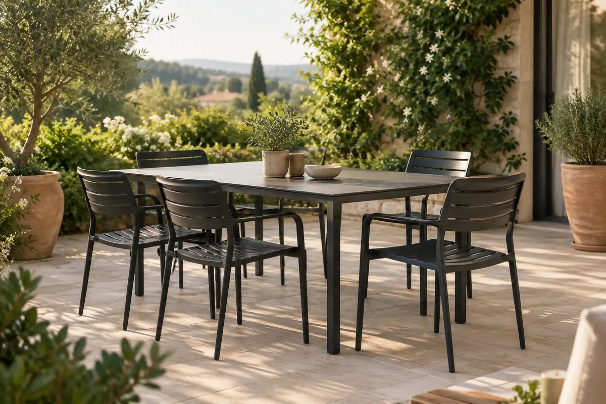 Six chaises de jardin noires en métal avec accoudoirs, disposées sur une terrasse entourée de végétation.