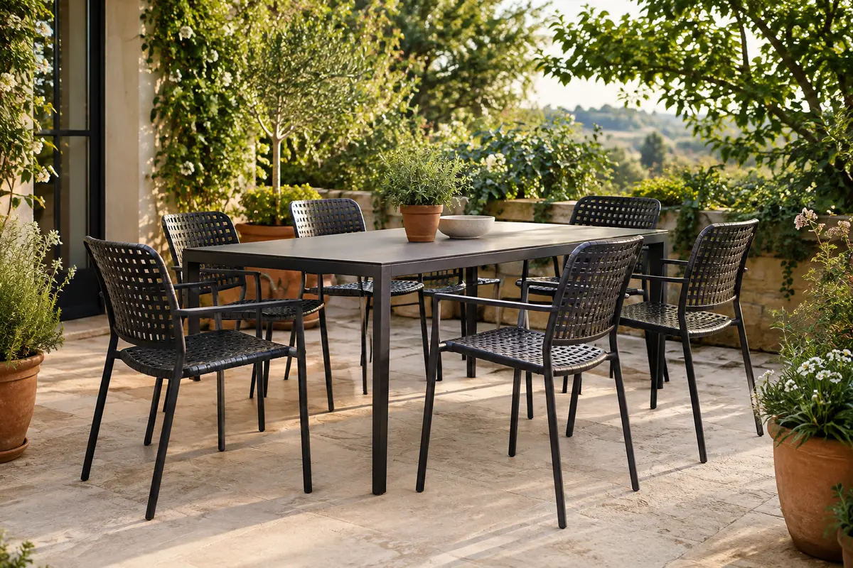 Six fauteuils de jardin noirs à accoudoirs et dossier ajouré installés autour d’une table sur une terrasse végétalisée.
