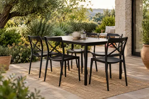 Six chaises de jardin noires à dossier croisé installées autour d’une table sur une terrasse végétalisée.
