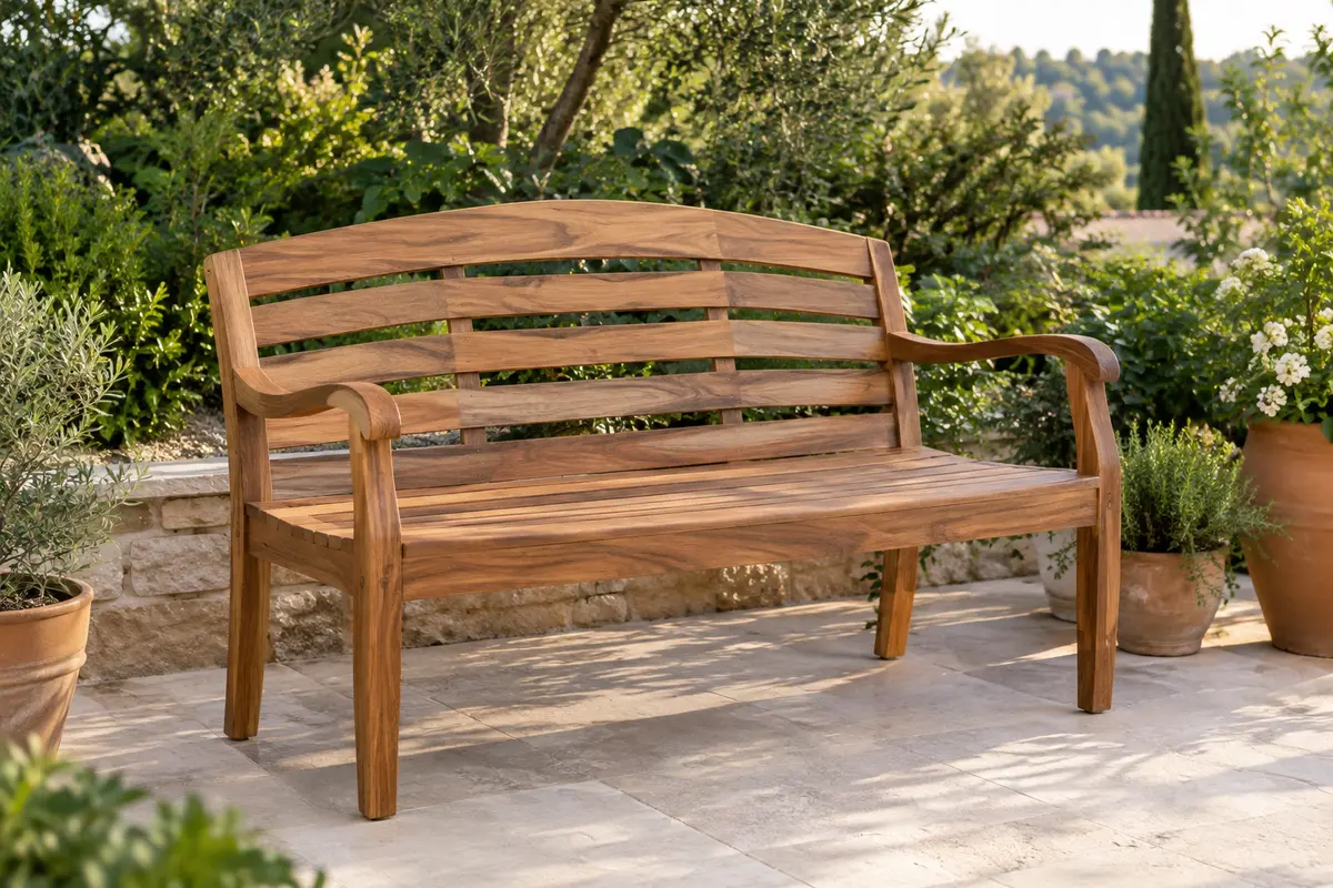 Banc de jardin brun en eucalyptus avec dossier ergonomique et accoudoirs incurvés, installé sur une terrasse végétalisée